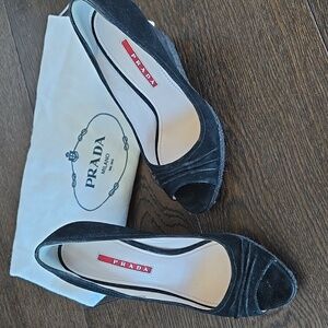 Authentic Prada Black Peep-Toe Wedge Pumps With Dust Bag Size 36